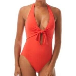 NWOT Vince Camuto One Piece Swimsuit‎ Orange/Poppy Knot Front Tie Halter size 4
